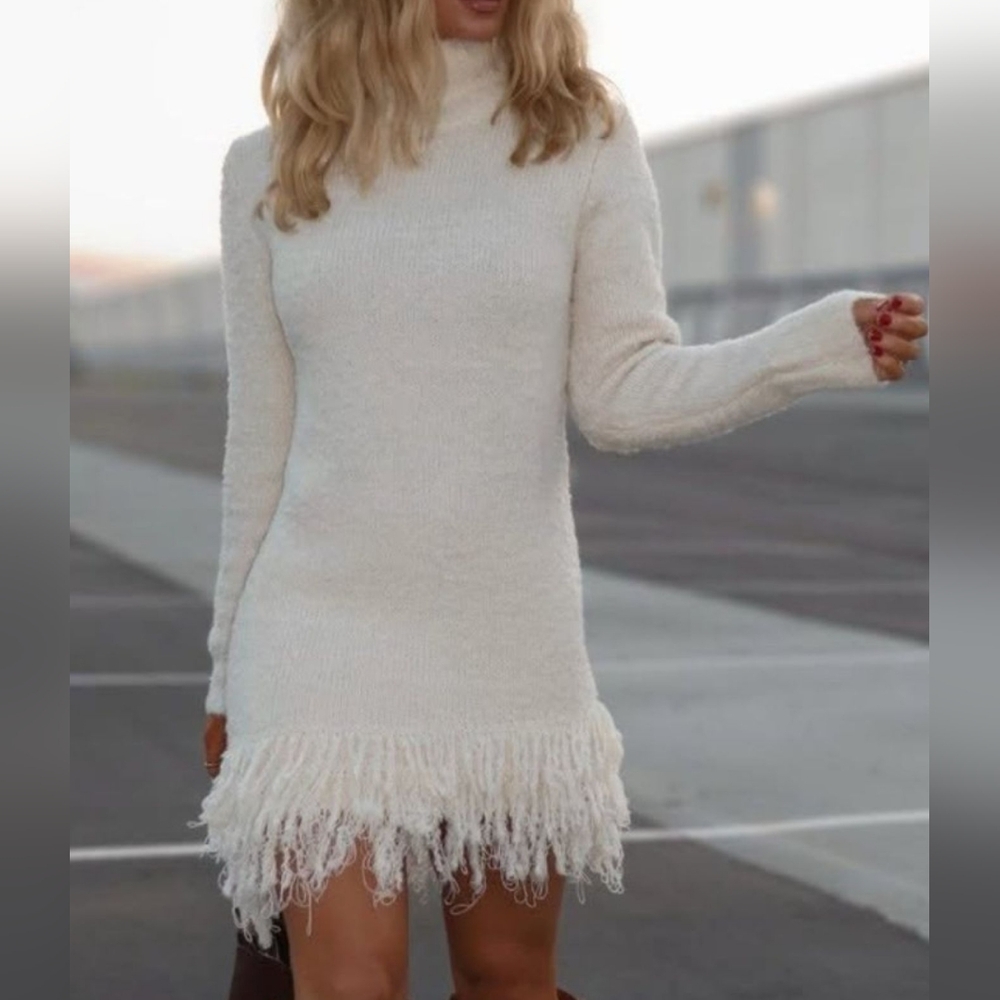 Ivory Sweater Dress with Fringe Hem